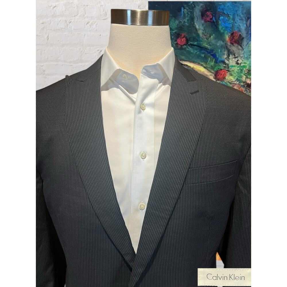 Calvin Klein 44L Mens Blazer Charcoal Gray Micro Stripe Sport Jacket - Picture 4 of 16